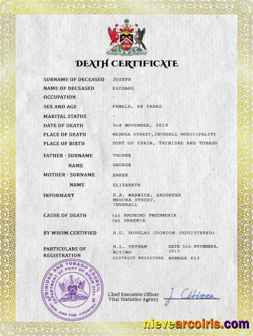 Trinidad and Tobago vital record death certificate